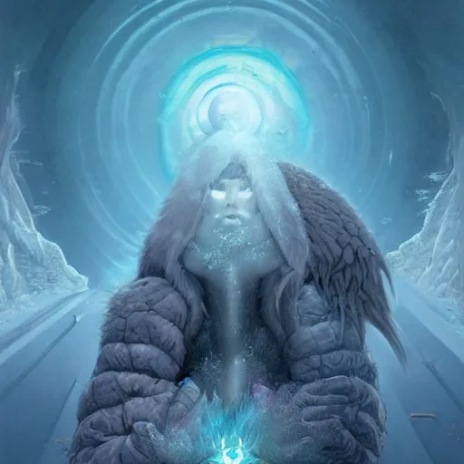 Image similar to a hyperrealistic illustration of a monster in the Arctic, snow on the monsters body, blue transparent ice with fractal sunlight, award-winning, masterpiece, in the style of Tom Bagshaw, Cedric Peyravernay, Peter Mohrbacher