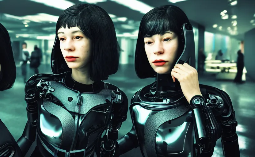 Image similar to cinestill 5 0 d photographic portrait by helen levitt of two loving female cyborgs wearing black techwear in a retrofuturist liminal office, extreme closeup, modern cyberpunk, garden terraces, 8 k, hd, high resolution, 3 5 mm, f / 3 2, ultra realistic faces, intricate detail, ex machina