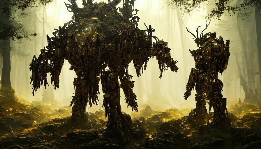 Image similar to large walking mech covered in gold and silver armor with elden ring aesthetic, covered in moss and birds, glowing lights, beautiful forests and trees, intricate detail, epic wallpaper, art by darek zabrocki and John Park and Feng Zhu and Jason Chan, trending on artstation, masterpiece.