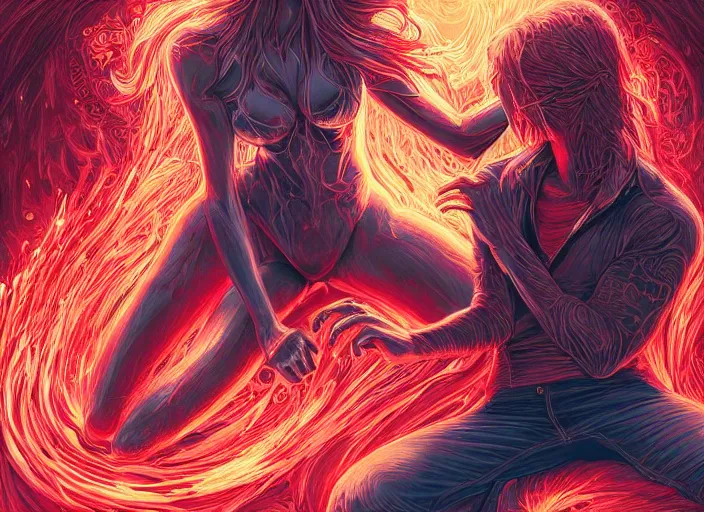 Image similar to couple, woman loves demon, sit upon a scarlet coloured beast, pain, light effect, hyper detailed, intricate, elegant, highly detailed, digital painting, artstation, concept art, matte, sharp focus, illustration, by dan mumford, yusuke murata, makoto shinkai, ross tran