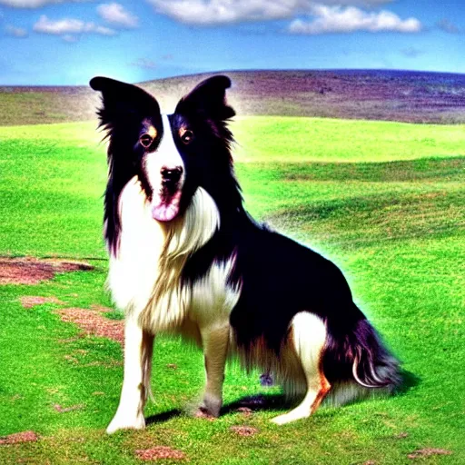 Image similar to collie with huge stick balanced horizontally, film grain, specular highlights, wide angle lens, cinematic