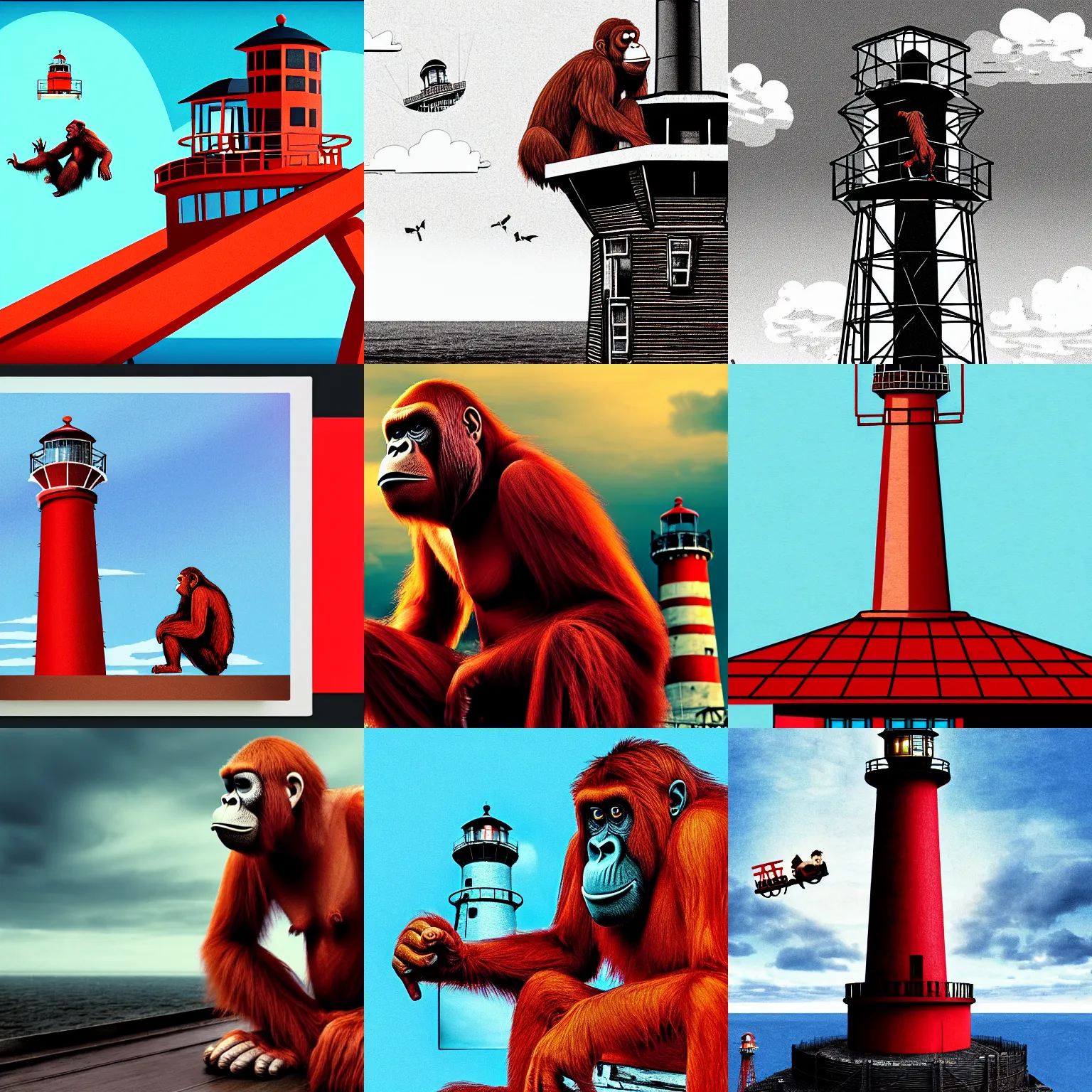 Prompt: red orangutan as kingkong rise hand sitting on the top roof of unstable lighthouse building, movie screenshot, wallpaper, kingkong movie 1 9 3 3, colorfull, realistic, pixar, hardmesh, sharp, black pen drawn edges