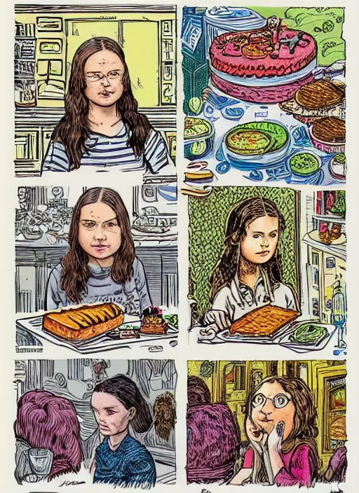 Image similar to greta thunberg eating cakes drawn by robert crumb, detailed digital art, trending on Artstation