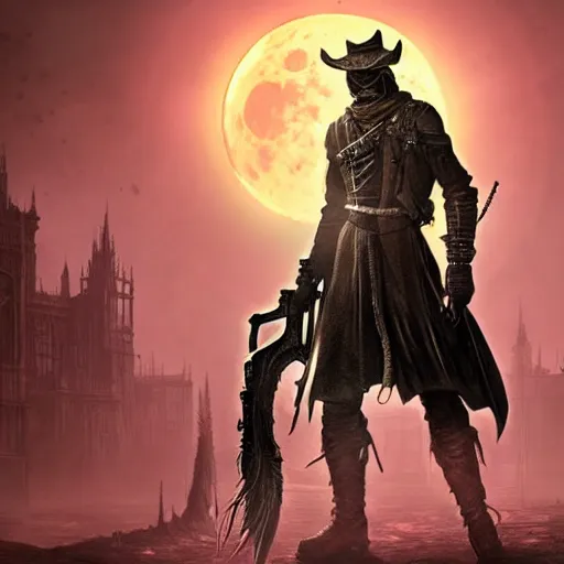 Image similar to an ultra detailed vector image of the hunter from bloodborne in a set of fallout power armor, concept art by alphonse mucha and greg rutkowski, scary shadows, blood moon eclipse, octane render, laminal space