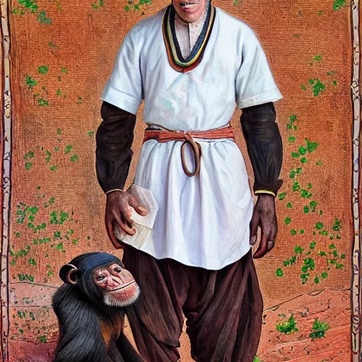 Image similar to beautiful painting by sophie anderson of a chimpanzee wearing traditional men kurdish clothes shalvar baggy pants and white shirt with a large sash tied around the waist in a kurdish village, award winning art, insanely detailed, bright colors, global illumination, cute, young, stunning