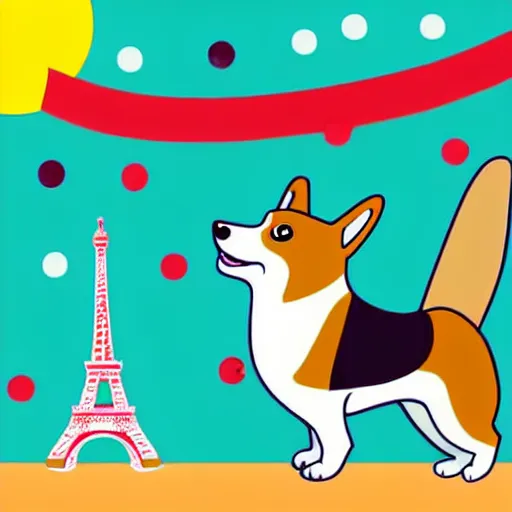 Image similar to illustration of boy playing football with a corgi wearing a polkadot scarf on the streets of paris