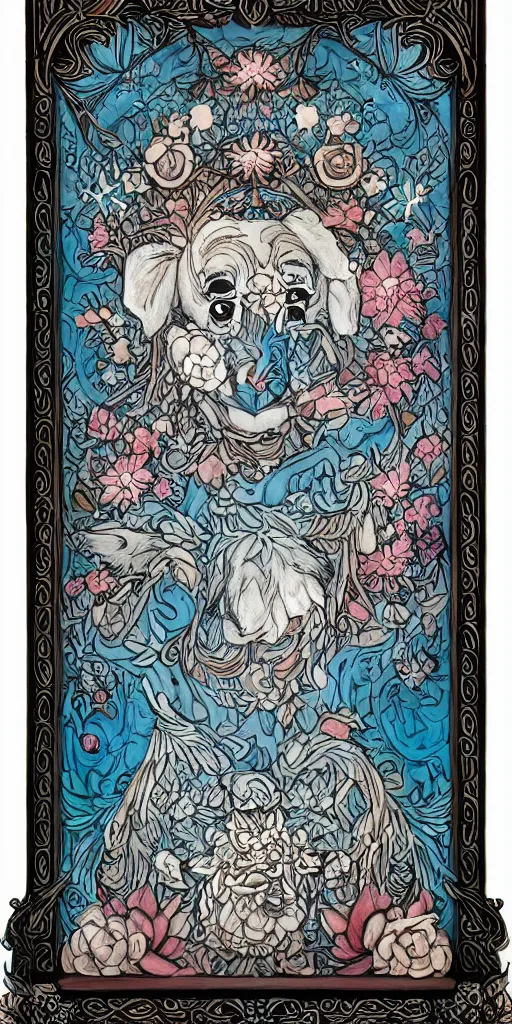 Image similar to Painted dark-wood panel relief carving of a Flowerpunk Piglet, White and pale blue toned, ornate border frame, explosion of colorful flowers, dark wood, intricately carved, black ink, festival of rich colors, intricate details, cinematic lighting, volumetric lighting, post-processing, art nouveau, tarot, fractal art, mandala, by andreas rocha and john howe, and Martin Johnson Heade, featured on artstation, featured on behance, golden ratio, hyper detailed, photorealistic, epic composition, center spotlight, f32, well composed, symmetrical, UE5, 8k