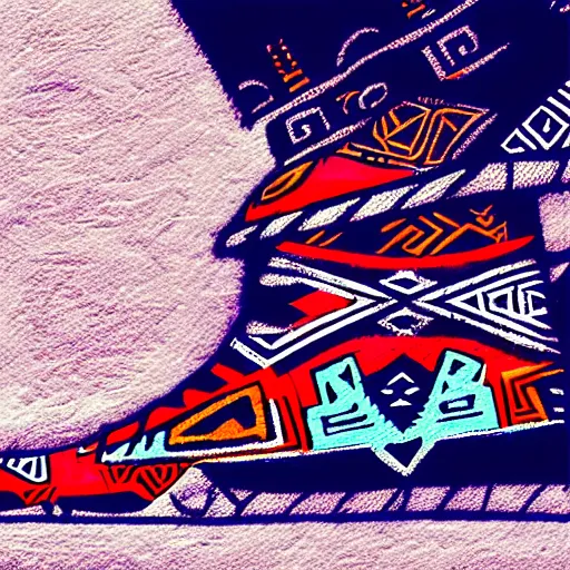 Image similar to sneaker design, aztec mayan street fashion native punk shoe design, hip hop sneaker design with subtle mayan patterns, majora's mask art style, gapmoe yandere grimdark, trending on pixiv fanbox, painted by greg rutkowski makoto shinkai takashi takeuchi studio ghibli, akihiko yoshida