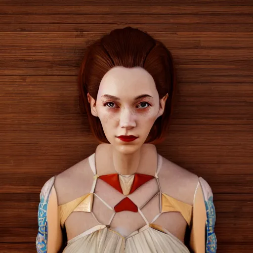 Image similar to beautiful girl in a dress made of wood, beautiful portrait, symmetrical, character concept style trending on artstation concept art detailed octane render cinematic photo - realistic 8 k high detailed