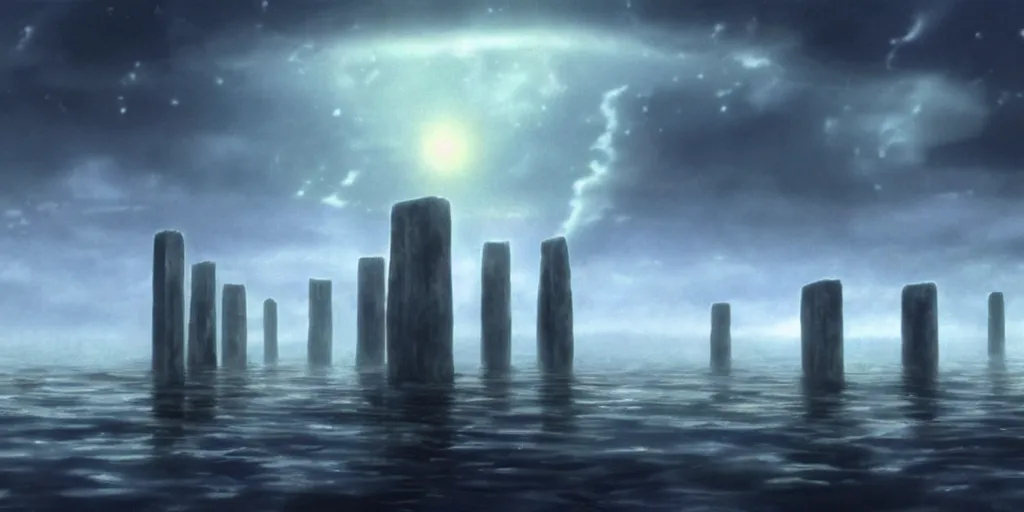 Image similar to a realistic and atmospheric cell - shaded concept art from howl's moving castle ( 2 0 0 4 ) of a ufo in the sky. a grey monk is standing in a futurist sci - fi city that looks like stonehenge in a flooded rainforest. it is a misty starry night. very dull muted colors, hd, 4 k, hq