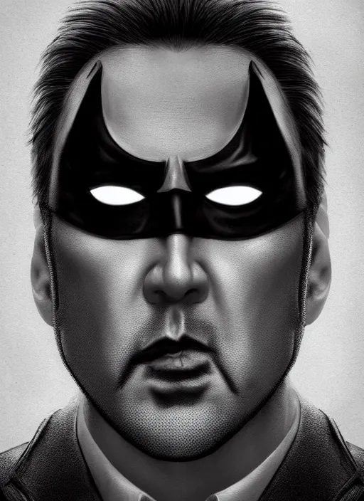 Image similar to promotional image of nicolas cage dressed as batman, smooth, trending on artstation, promotional artwork, film still, elegant, photorealistic facial features, intricate, detailed face, cinematic lighting