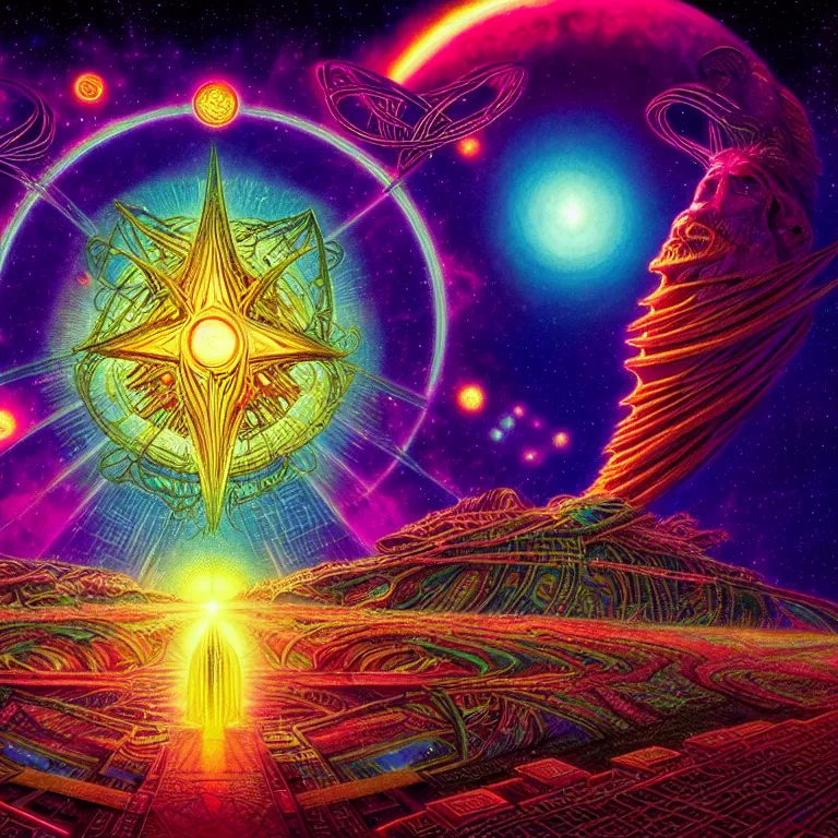 Image similar to mythical quantum star maps, synthwave, bright neon colors, highly detailed, cinematic, tim white, philippe druillet, roger dean, ernst haeckel, lisa frank, michael whelan, kubrick, kimura, isono