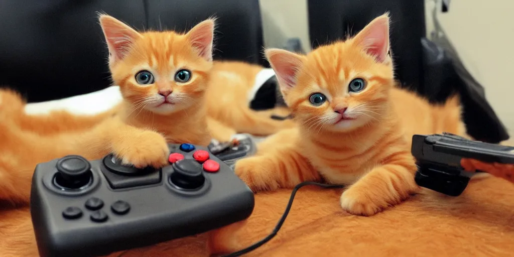 Image similar to an orange tabby kitten playing video games by richard scary