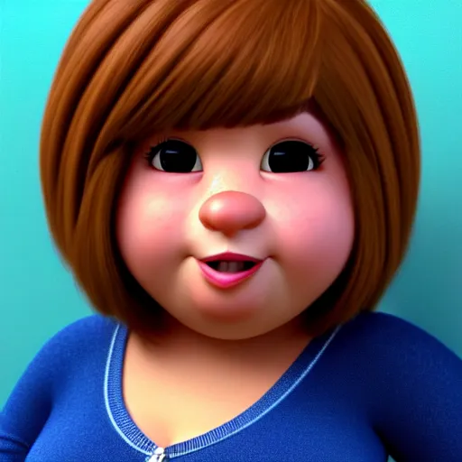 Prompt: A portrait of a chubby woman, a cute 3d cgi toon woman with brown hair in a Bob, brown eyes, olive skin, romanian heritage, medium shot, mid-shot, hyperdetailed, 8k, trending on artstation, as a Pixar character