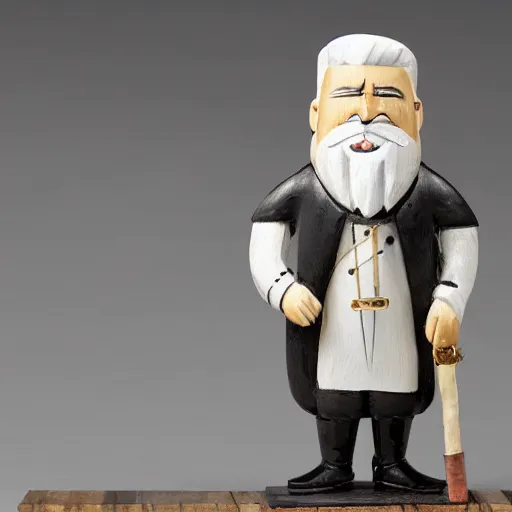 Image similar to a painted wooden figurine of a serious looking, old, ship captain with white hair, white beard, wearing an eyepatch, with a black cigar pipe, a black coat, and white captain's cap with gold accents, standing with one wooded leg, on a cuboidal wooden platform