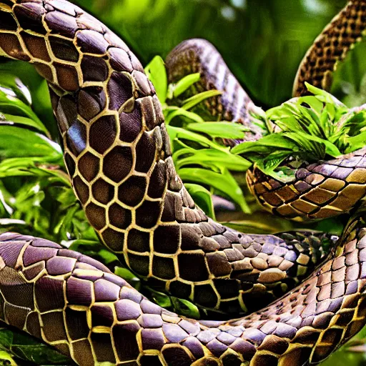 Image similar to huge snakes wearing top hats in the jungle, national geographic photo, detailed, 4k