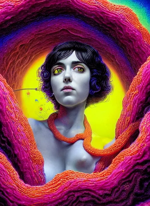 Image similar to hyper detailed 3d render like a Oil painting - Ramona Flowers with black hair in thick mascara seen Eating of the Strangling network of colorful yellowcake and aerochrome and milky Fruit and Her delicate Hands hold of gossamer polyp blossoms bring iridescent fungal flowers whose spores black the foolish stars by Jacek Yerka, Mariusz Lewandowski, Houdini algorithmic generative render, Abstract brush strokes, Masterpiece, Edward Hopper and James Gilleard, Zdzislaw Beksinski, Mark Ryden, Wolfgang Lettl, Dan Hiller, hints of Yayoi Kasuma, octane render, 8k