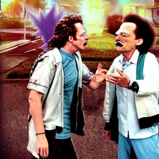 Image similar to Rick and Morty fighting doc and Marty from Back to the future, as real life people. Photograph.