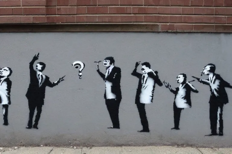 Image similar to a banksy street art painting of several men in black fbi suits with question marks instead of heads