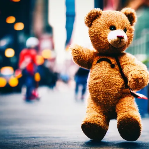 Prompt: skateboard teddy bear skateboarding in time square, bokeh, hyper realistic, street photography