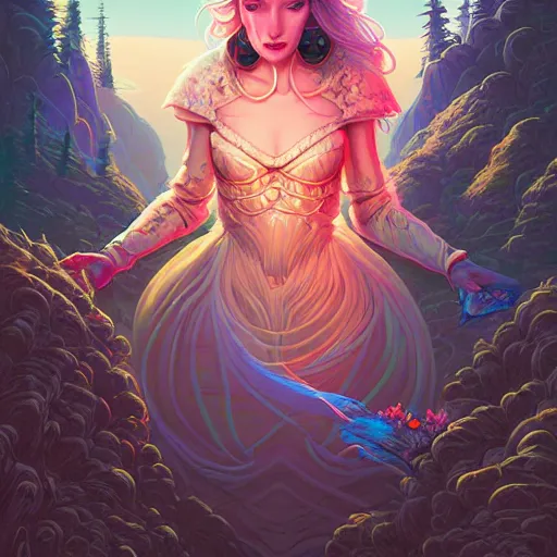 Image similar to ethereal cybernetic princess in the mountains, extremely detailed, sharp focus, wide view, full body shot, smooth, digital illustration, by lisa perrin!!!!, dan mumford, james jean, by rossdraws, frank franzzeta, sakimichan, gouache background