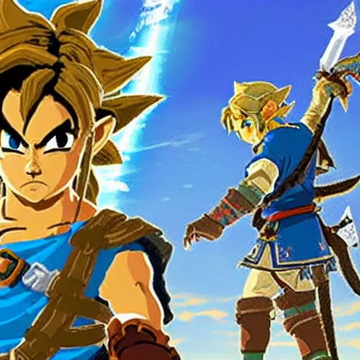 Image similar to a screencap of the legend of zelda breath of the wild, of goku in breath of the wild