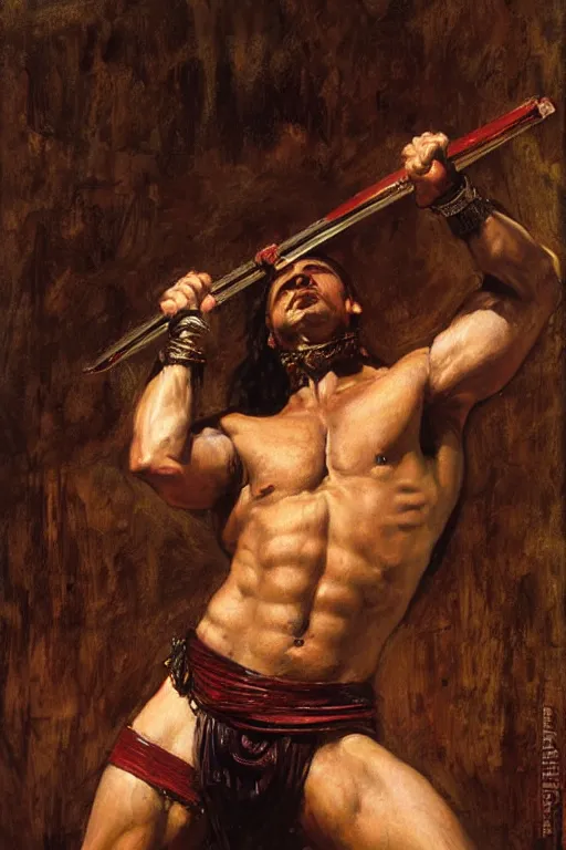 Image similar to muscular gladiator, orientalist intricate portrait by john william waterhouse and edwin longsden long and theodore ralli and nasreddine dinet, hyper realism, dramatic lighting