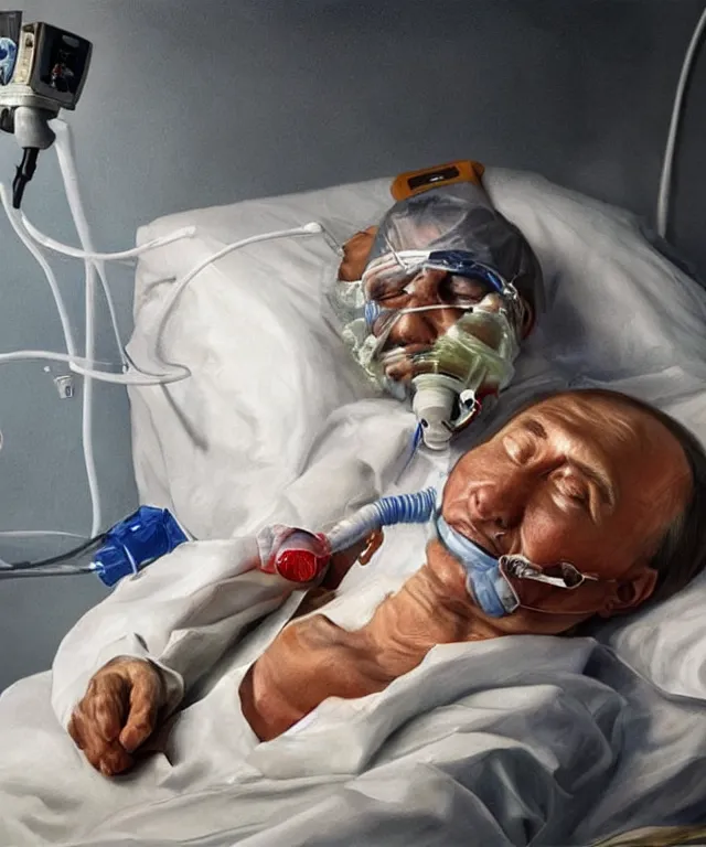 Image similar to a super very hyperrealistic oil painting of ill Vladimir Putin as a patient wearing an oxygen mask on a death bed inhaling from Copium tank that stand near his bed, visible face, artstation, matte painting, highly detailed, intricate, concept art, dramatic cinematic lighting