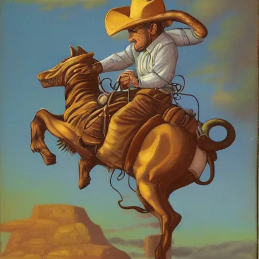 Prompt: a cowboy riding a giant cat, color, surreal