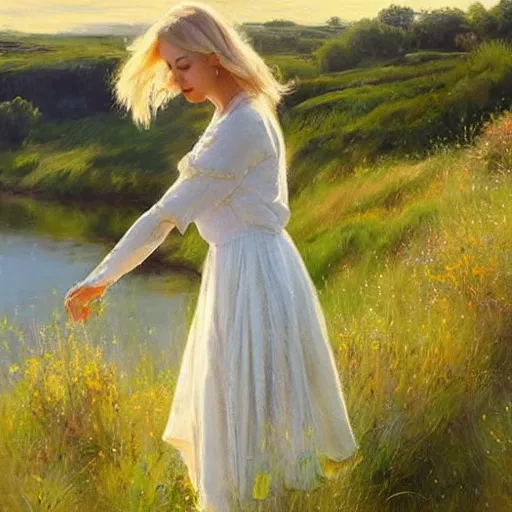 Image similar to blonde woman, dress, swedish countryside, archipelago, morning, masterpiece, highly detailed, beautiful, atmospheric, impressionism, painting by Vladimir Volegov