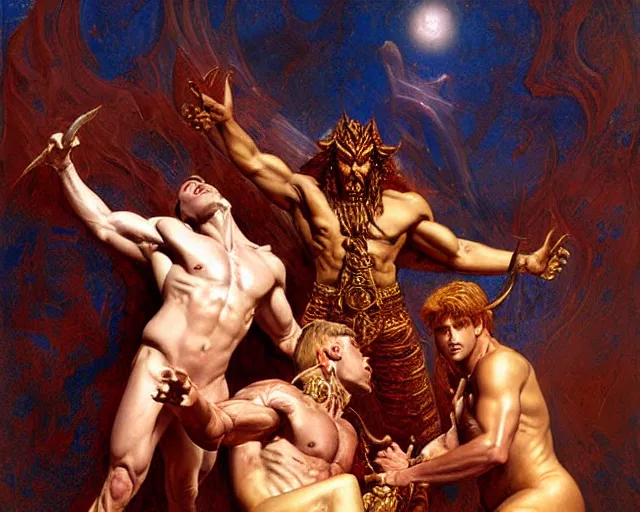 Prompt: lavish male deity, casting demonic magic, summoning ( muscular ) lucifer morning star, as they battle over the earthly realm, highly detailed painting by gaston bussiere, craig mullins, j. c. leyendecker, tom of finland