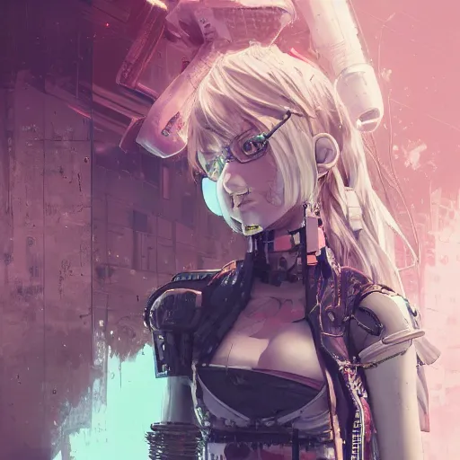 Image similar to highly detailed portrait of a post-cyberpunk punk young lady by Akihiko Yoshida, Greg Tocchini, 4k resolution, league of legends inspired, arcane, nier:automata, pastel pink, light blue, brown, white and black color scheme with graffiti