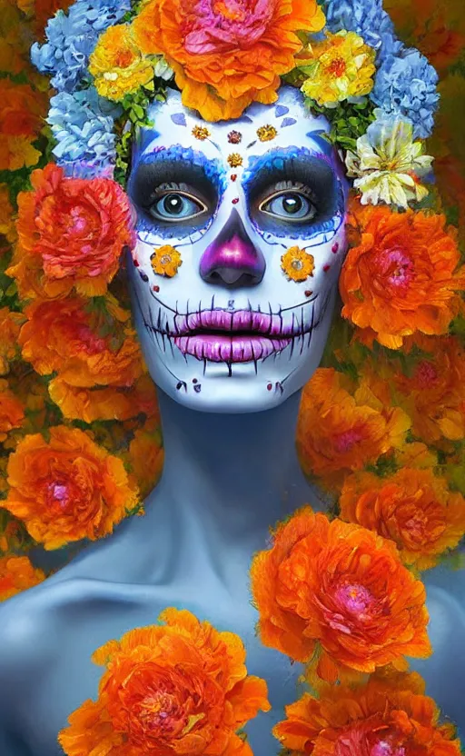 Image similar to a beautiful oil painting hyperrealism of a beautiful woman, flowers, dia de los muertos makeup, floral headdress, 8 k resolution, octane render, trending on artstation, by gediminas pranckevicius, volumetric light 2 blue fractal thunder glow by dan mumford, anaglyph effect, laurie lipton