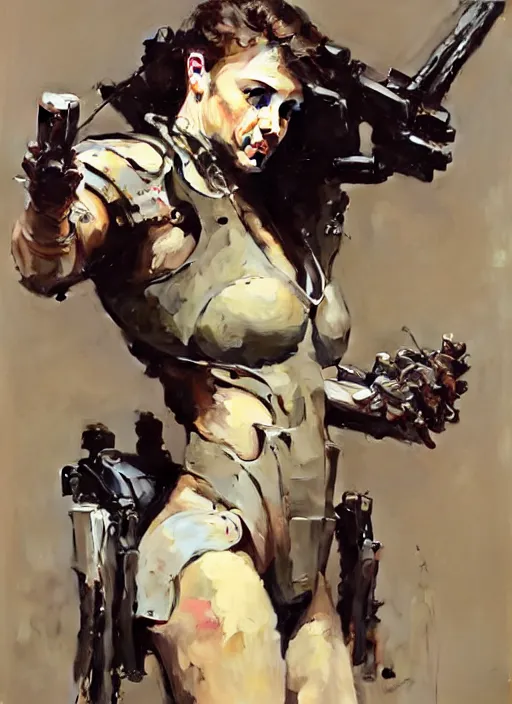 Image similar to beautiful neutral earth toned palette knife painting artwork by yoji shinkawa jeremy mann, full body character portrait warhammer 4 0 k mech pilot exotic, charlie bowater and magali villeneuve and alphonse mucha, gaston bussiere, craig mullins, j. c. leyendecker, by artgerm