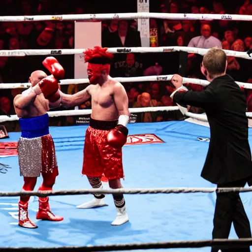 Image similar to clowns boxing matching, clown makeup, clowns, clowns boxing, punching, hbo showtime boxing