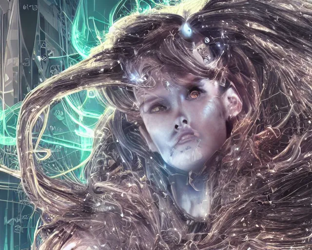 Image similar to cybermagnetosphere, beautiful hairy humanoids, love, joy, complex cybernetic beings, glowing hair, vortexes, large arrays, ornate hair, cinematic light shadows, wet hdr refractions, contrasted, cybernetic civilizations, 8 k, * * * * *