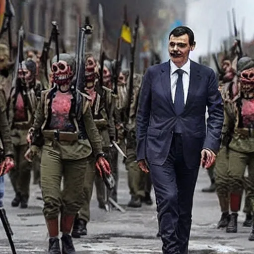 Image similar to spanish president pedro sanchez leading an army of the undead in a post - apocalyptic world