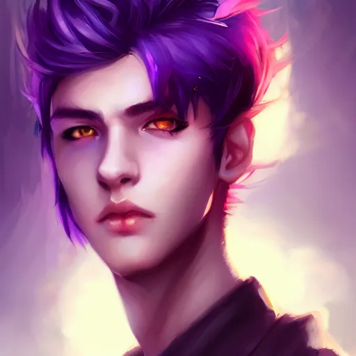 Image similar to colorful and festive captivating teenager boy with straight purple hair, purple eyes with red eye markers, slim body, wearing japanese combat clothes. rich vivid colors, ambient lighting, dynamic lighting, 4 k, atmospheric lighting, painted, intricate, highly detailed by charlie bowater