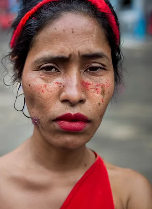 Image similar to Mid-shot portrait of a stylish 30-year-old woman from Guatemala, candid street portrait in the style of Martin Schoeller, strong red and greens, award winning, Sony a7R