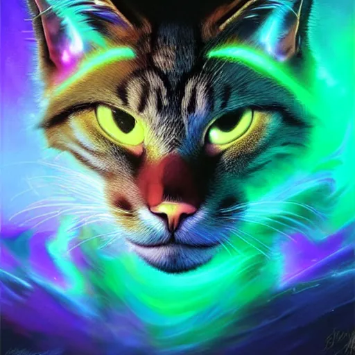 Image similar to a stylized portrait of a powerful cat with wavy brown hair and green eyes as an angry scientist, stylized, arcane magic, blue and purple vapor, neon color, vivid color, lens flare, volumetric light from below, background by justin gerard, hyperdetailed concept art by Ross Tran and Greg Rutkowski, high quality DnD illustration, trending on ArtStationHQ, 8k