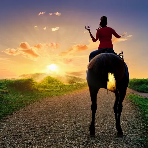 Prompt: a frog on the back of a horse riding into the sunset, realistic photography 8k
