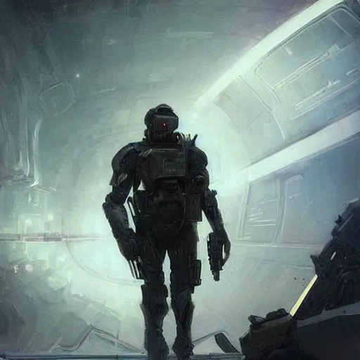 Prompt: scifi art by Greg Rutkowski, a man about 30 years old, wearing a futuristic tactical gear and carrying a futuristic assault rifle,he has short black hair with bangs, his features are a mix between French, Turkish and Russian, expression of despair and fatigue, the background is a claustrophobic and futuristic environment, the bridge of an abandoned spaceship, detailed and intricate environment, high technology, highly detailed portrait, digital painting, artstation, concept art, smooth, sharp foccus ilustration, Artstation HQ.