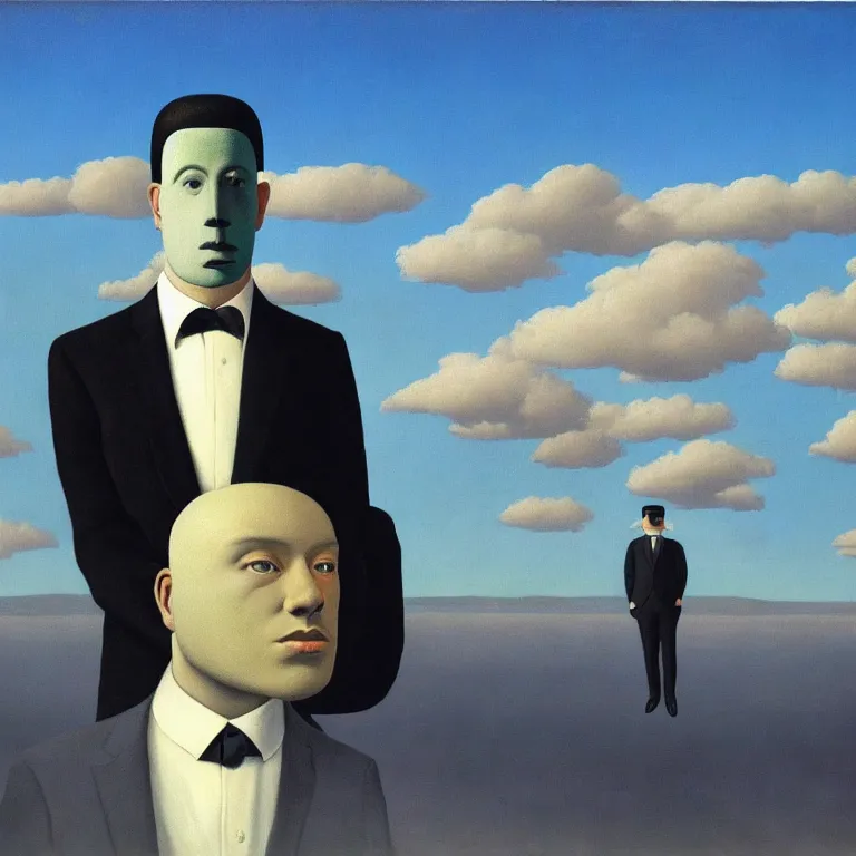 Image similar to portrait of a faceless reflective chrome - head man in a suit and black gloves, clouds and nature landscape in the background, by rene magritte, detailed painting, distance, centered, hd, hq, high resolution, high detail, 4 k, 8 k