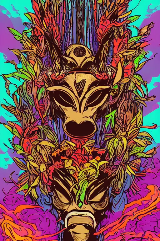 Image similar to animal mask totem roots flower tribal feather gemstone plant wood rock shaman vodoo video game vector cutout illustration vivid multicolor borderlands comics by josan gonzales and dan mumford radiating a glowing aura