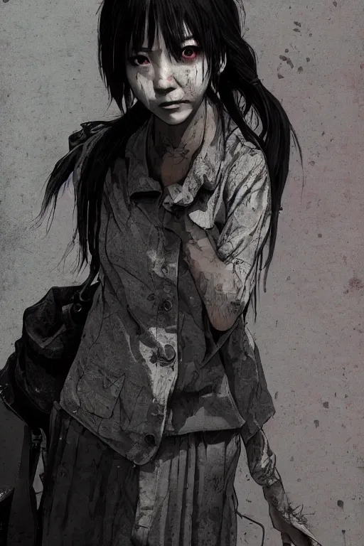 Image similar to grunge portrait of a Japanese creepy nurse girl, wearing a straight jacket in a busy Tokyo street at night, intricate artwork, nightmare fuel, terrifying, by akihiko yoshida , trending on artstation, greg rutkowski very coherent artwork. cinematic, hyper realism, high detail, octane render, 8k