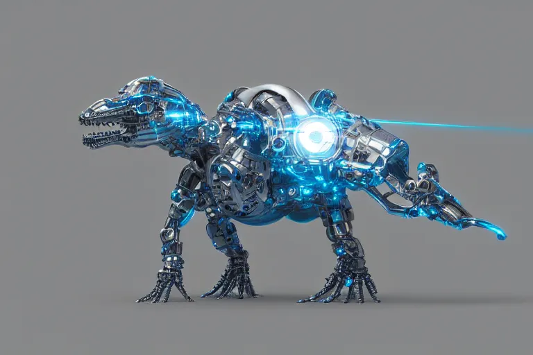 Image similar to futuristic metal cybernetic!! dino!!!! white blue grey orange laser, octane render, studio light,