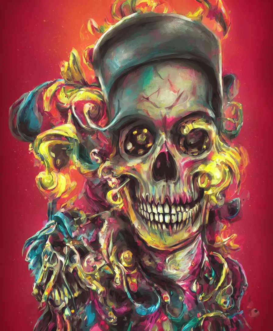 Prompt: skull clown, circus, artstation, concept art, illustration, colorful