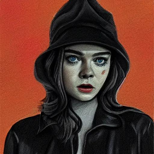 Image similar to professional painting of Elle Fanning in the style of Will Eisner, head and shoulders portrait, symmetrical facial features, smooth, sharp focus, illustration, intricate, stormy weather, extremely detailed masterpiece,