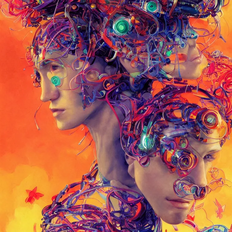 Prompt: an ultra real! facial portrait of a swirly haired cyborg from movie ex machina, vibrant colors, colorful wires, tropical, sunlight filtering through skin, dynamic hair movement, dynamic pose, glowing butterflies, j. c leyendecker, by alan lee, wlop! illustrated by starember, fantasy art by craig mullins