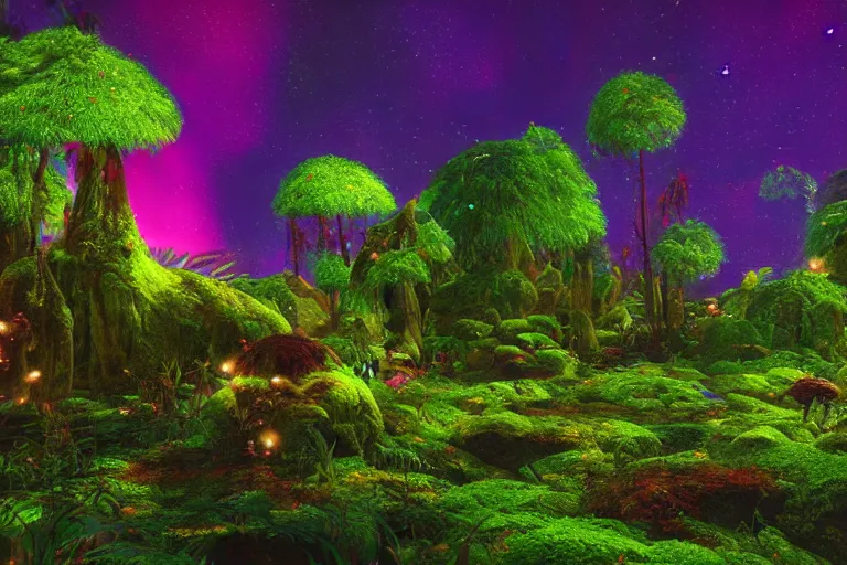 Prompt: beautifully detailed painting of a dreamy psychedelic rainforest with fireflies and fairies and an aurora borealis, and moss rendered in unreal engine 5